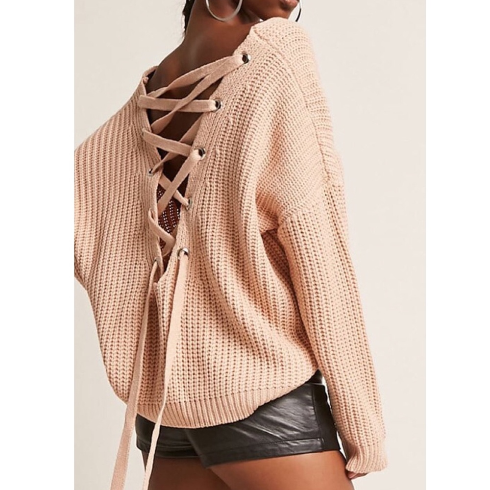 VICTORIA Lace up Back Sweater - NUDE - Picture 1 of 4